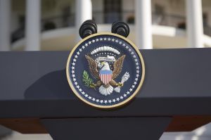 USA, Washington DC, Presidential Seal on podium in front of The White House, close-up