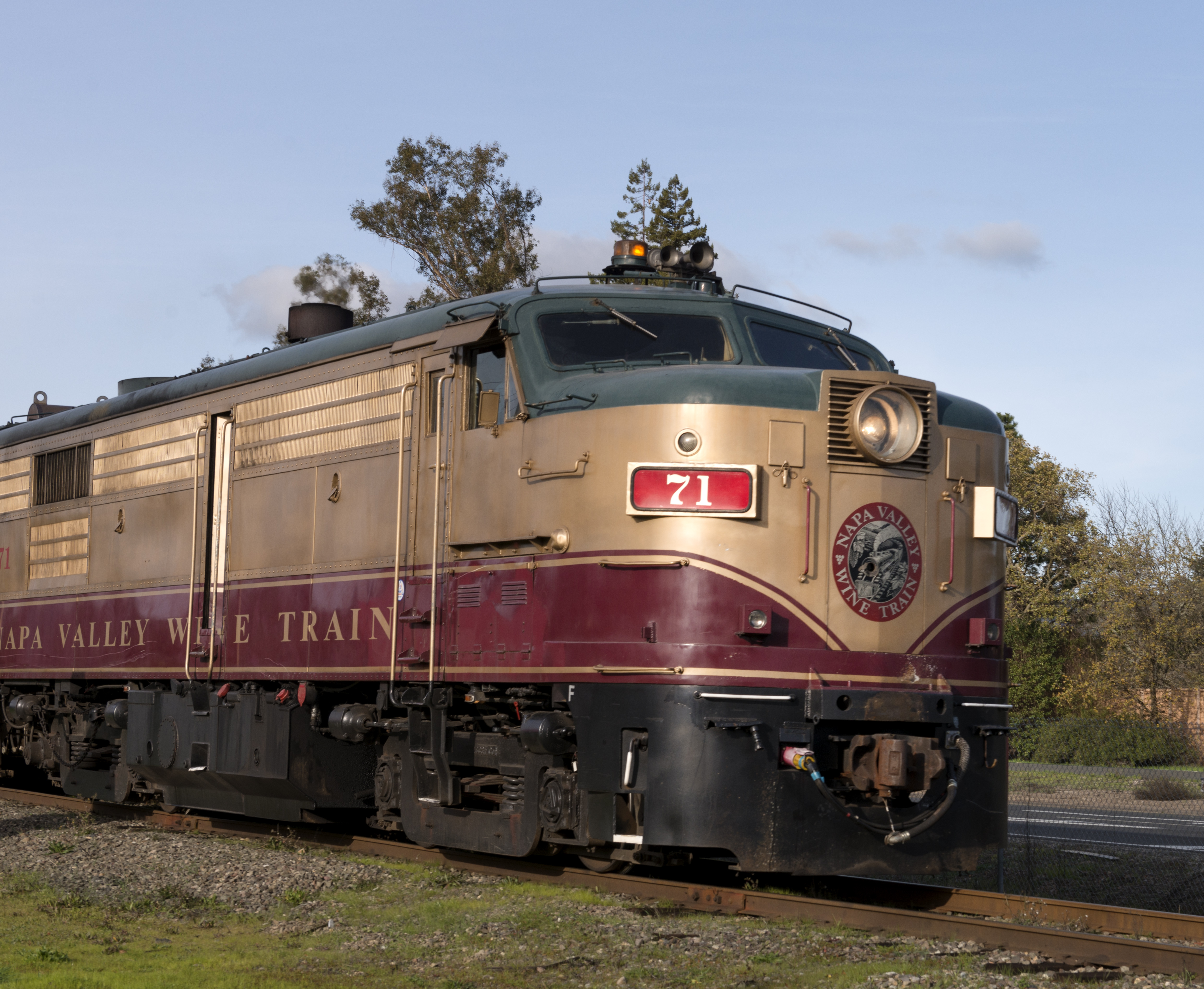 The Napa County wine train offers lunch and wine tasting aboard vintage coaches, and stops for one o