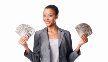 Businesswoman Holding Out Money - Isolated