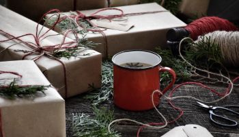 Wrapped gifts with a cup of tea