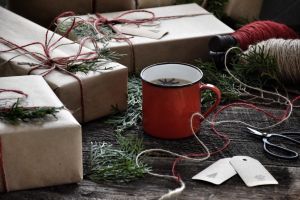 Wrapped gifts with a cup of tea