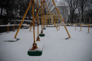 Japan, Tokyo Metropolis, Tama City, Snow covered swings in playground