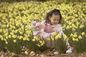 Young Hispanic girl hunting for Easter eggs outdoors