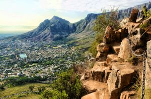 Aerial view from Lions Head looking at Table Mountain with hiking trail, Cape Town, South Africa