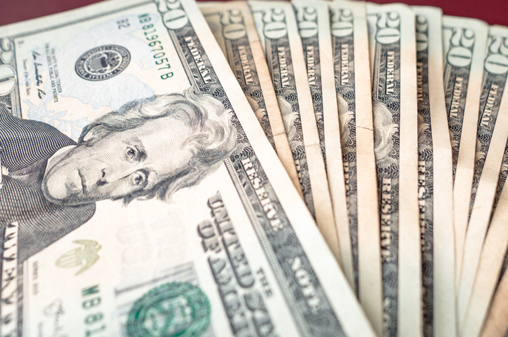 LAS VEGAS, USA - APRIL 15, 2019: Selection of twenty dollar notes from winnings in las vegas