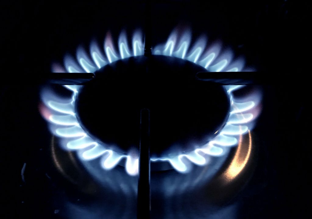 A blue gas flame on a domestic cooking hob