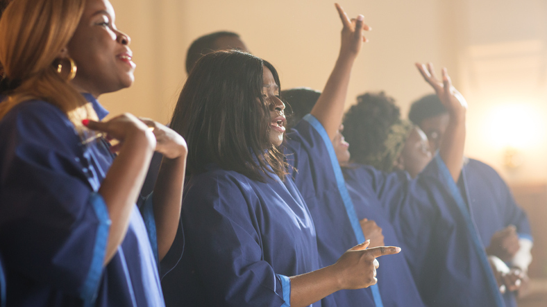 Group Of Christian Gospel Singers Praising Lord Jesus Christ. Church Filled with Spiritual Message Uplifting Hearts. Music Brings Peace, Hope, Love. Song Spreads Blessing, Harmony in Joy and Faith.