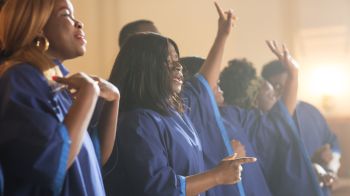 Group Of Christian Gospel Singers Praising Lord Jesus Christ. Church Filled with Spiritual Message Uplifting Hearts. Music Brings Peace, Hope, Love. Song Spreads Blessing, Harmony in Joy and Faith.