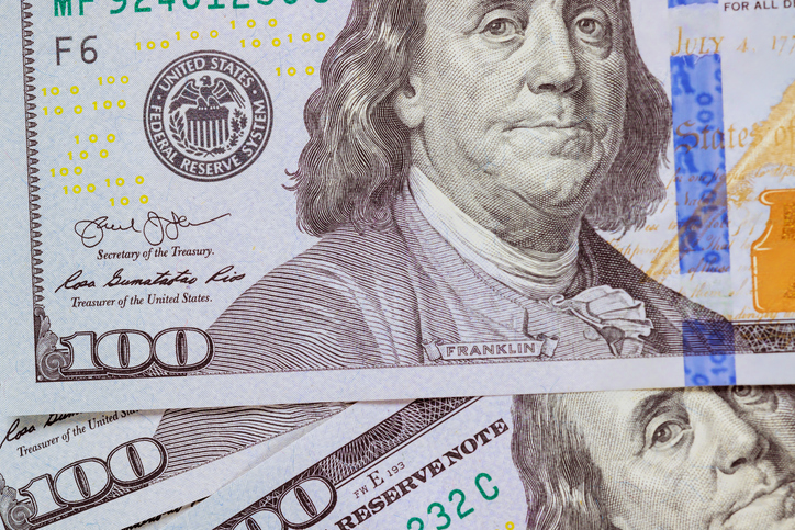 National currency a cash American paper money shows closeup front view one hundred dollar banknote
