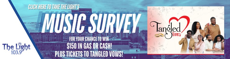 The image shows a music survey promotion for a radio station called "The Light 103.9", offering a chance to win $150 in gas or cash and tickets to the TV show "Tangled Vows".