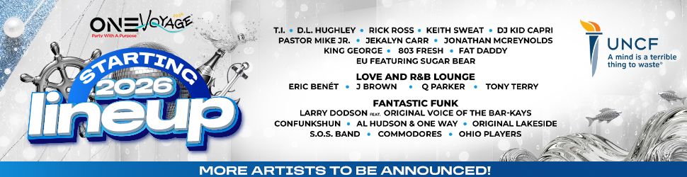 One Voyage festival poster featuring musical artists performing in 2026, including T.I., D.L. Hughley, Rick Ross, and UNCF logo.