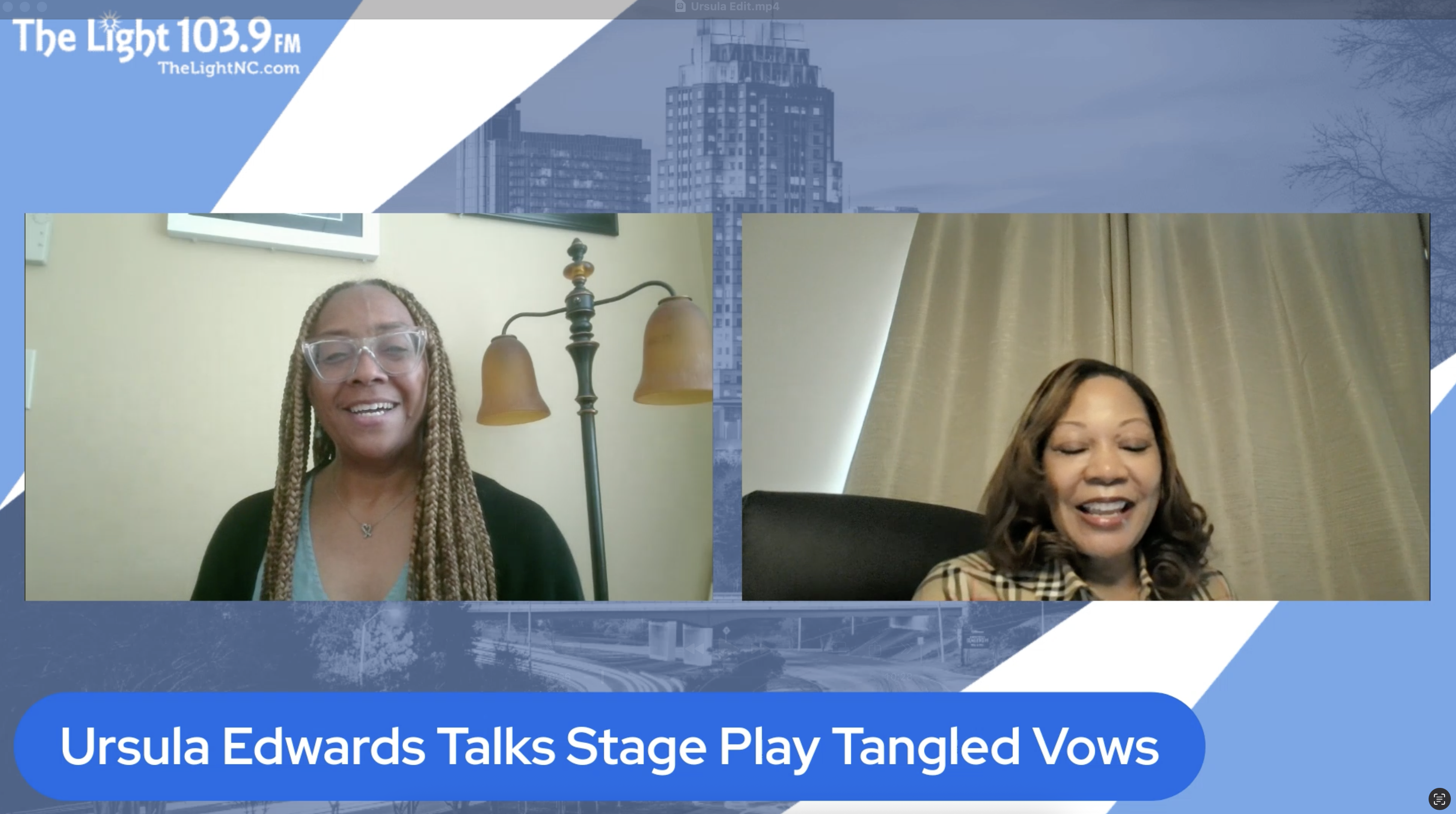 Two women in video chat, one with dreadlocks smiling, the other with curly hair also smiling. Text overlay: "Ursula Edwards Talks Stage Play Tangled Vows".