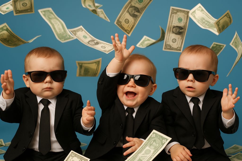 Three babies in suits and sunglasses surrounded by falling dollar bills