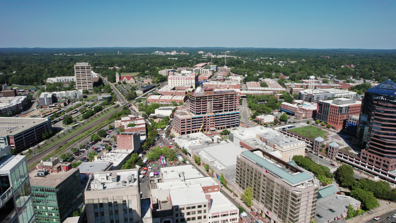 Downtown Durham Cityscape with a Street Festival, North Carolina