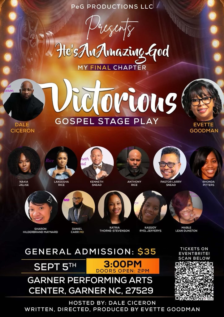 Promotional poster for "Victorious" gospel stage play, featuring cast photos and event details including date, time, location, and ticket information.