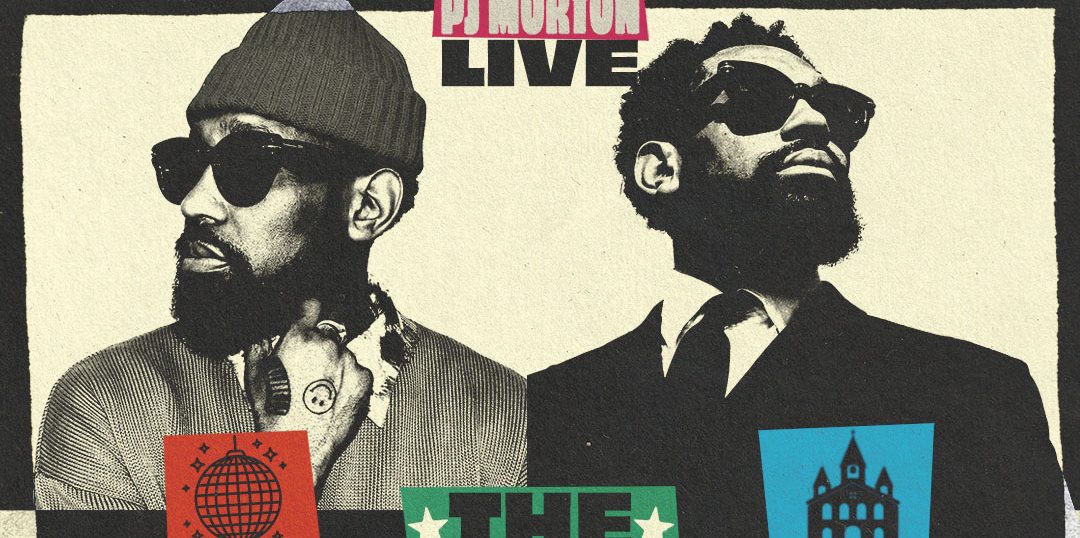 Two men in suits and sunglasses promoting the "Saturday Night/Sunday Morning Tour" by DJ Morton at the Martin Marietta Center for the Performing Arts in Raleigh, NC on August 14.