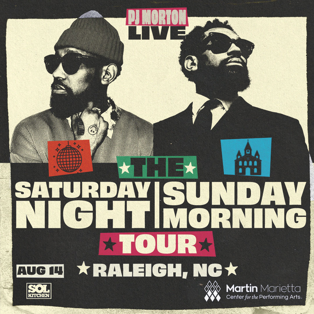 Two men in suits and sunglasses promoting the "Saturday Night/Sunday Morning Tour" by DJ Morton at the Martin Marietta Center for the Performing Arts in Raleigh, NC on August 14.