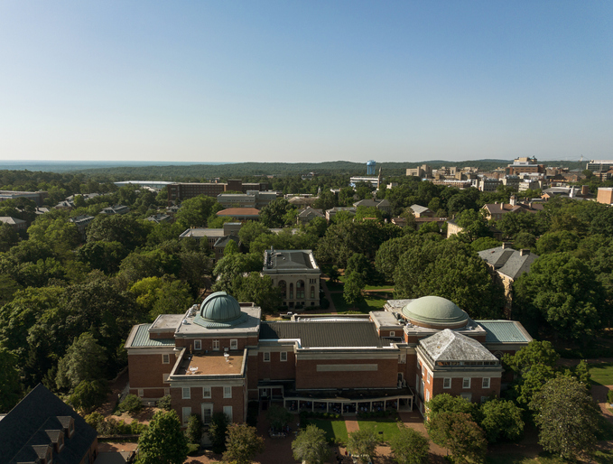 Aerial view of the University of North Carolina in Chapel Hill with the planetarium in the foreground