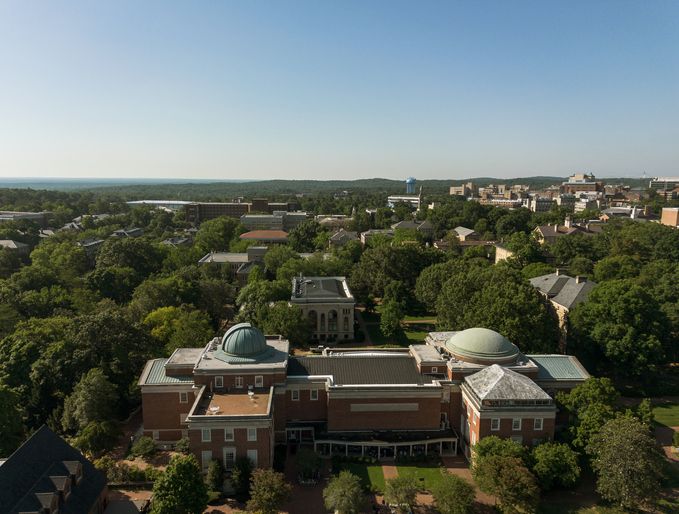 Aerial view of the University of North Carolina in Chapel Hill with the planetarium in the foreground